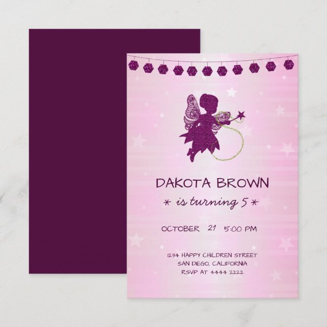 Lila Glitzer Fairy Birthday Einladung (Vorne/Hinten)