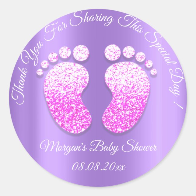 Lila Glitzer Feet Baby Dusche Gefallen Vielen Dank Runder Aufkleber (Vorderseite)