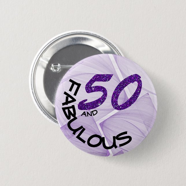 Lila Glitzer Girly 50 und Fabulous Typografie Button (Vorne & Hinten)