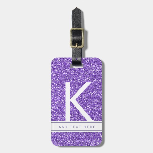 Lila Glitzer Girly Modernes Mit Monogramm Gepäck Gepäckanhänger (Vorderseite vertikal)