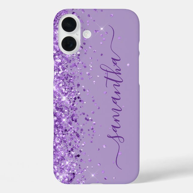 Lila Glitzer Girly Signature iPhone 16 Plus Hülle (Rückseite)