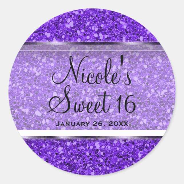 Lila Glitzer Glam Sweet 16 Custom Gastgeschenk Runder Aufkleber (Vorderseite)