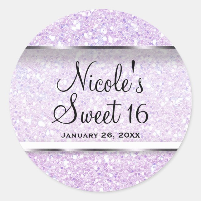 Lila Glitzer Glam Sweet 16 Custom Gastgeschenk Runder Aufkleber (Vorderseite)