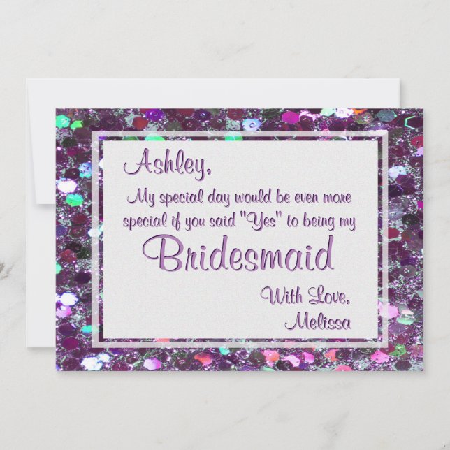 Lila Glitzer Glam werden Sie meine Bridesmaid sein Einladung (Vorderseite)