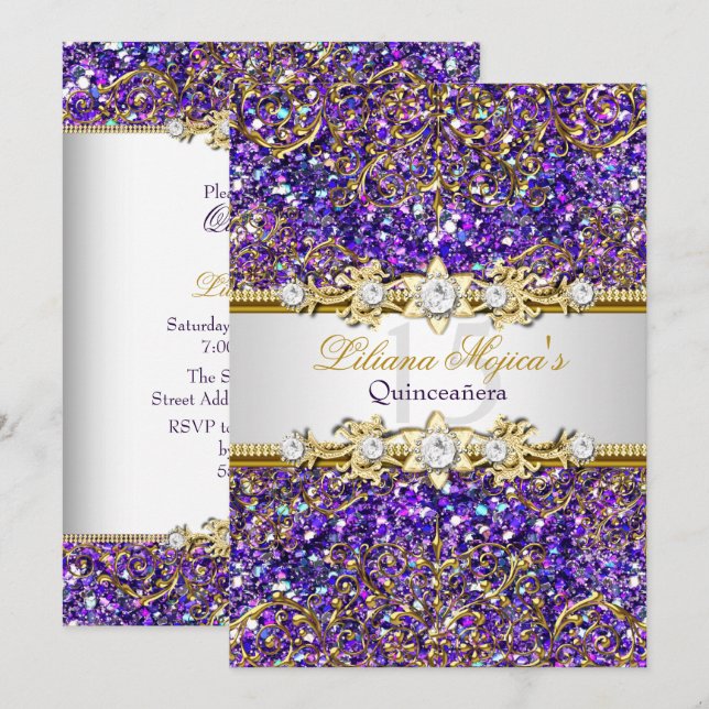 Lila Glitzer & Gold Damask Einladung (Vorne/Hinten)