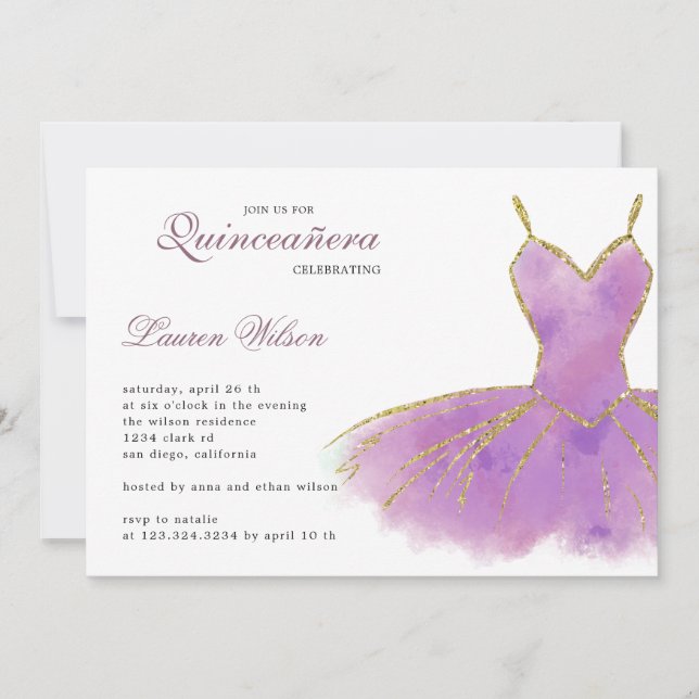Lila Glitzer Gown Quinceanera Einladung (Vorderseite)