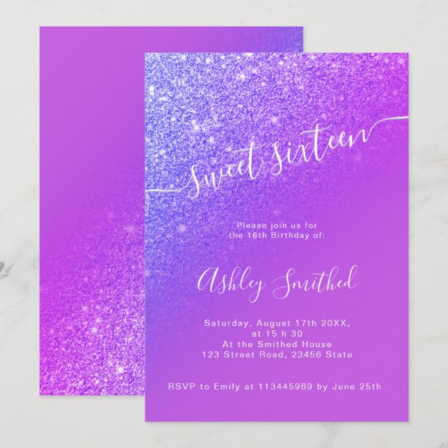 Lila Glitzer helle ombre chic Skript Sweet 16 2 Einladung (Vorne/Hinten)