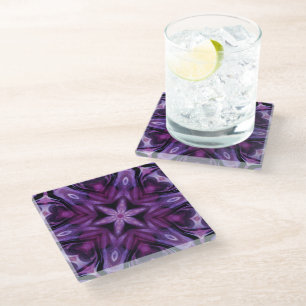 Lila Glitzer Herz und Blume Kaleidoskop Muster Glasuntersetzer