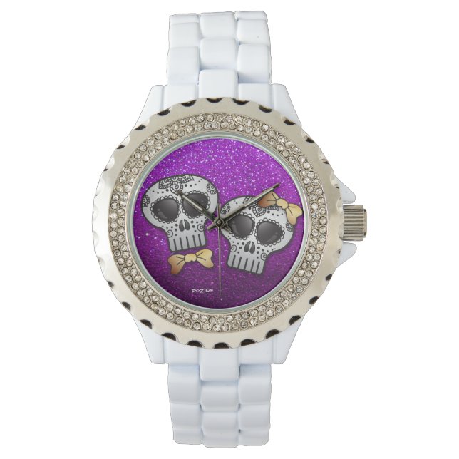 Lila Glitzer Hochzeit Valentine Zucker Schädel Armbanduhr (Vorderseite)