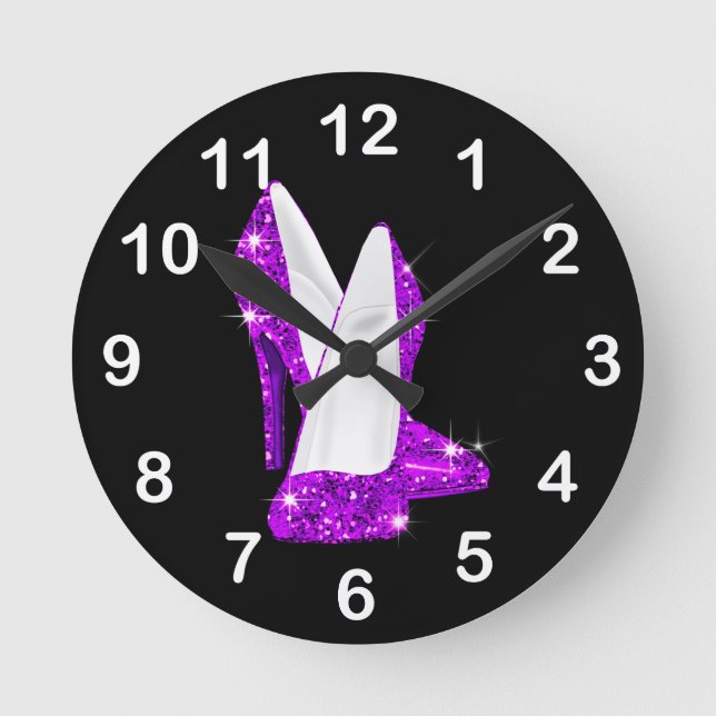 Lila Glitzer-hohe Ferse beschuht Stilleto Runde Wanduhr (Vorderseite)