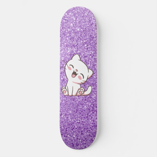 Lila Glitzer Katze Skateboard Deck (Vorderseite)