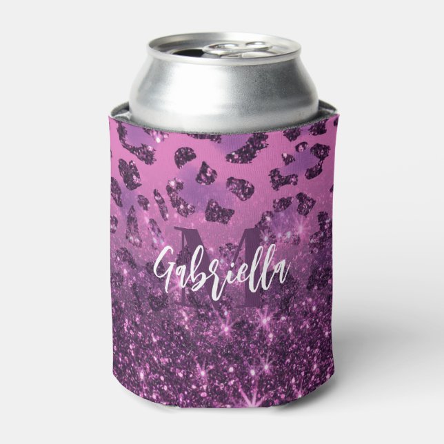 Lila Glitzer Leopard Print Dosenkühler (Kanne Vorderseite)