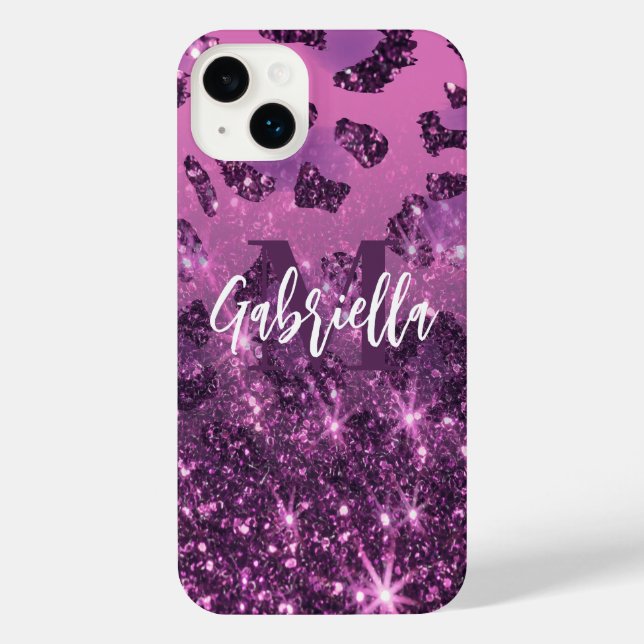 Lila Glitzer Leopard Print iPhone 14 Plus Hülle (Rückseite)