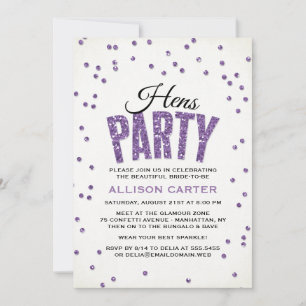 Lila Glitzer Look Confetti Hens Party Einladung