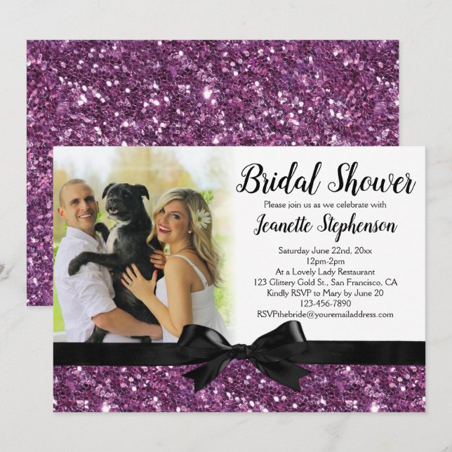Lila Glitzer-Look Ribbon Bow Foto Brautparty Einladung (Vorne/Hinten)