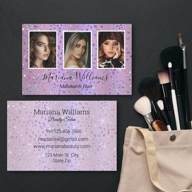 lila Glitzer Make-up und Haare 3 Fotos Collage Visitenkarte (Von Creator hochgeladen)