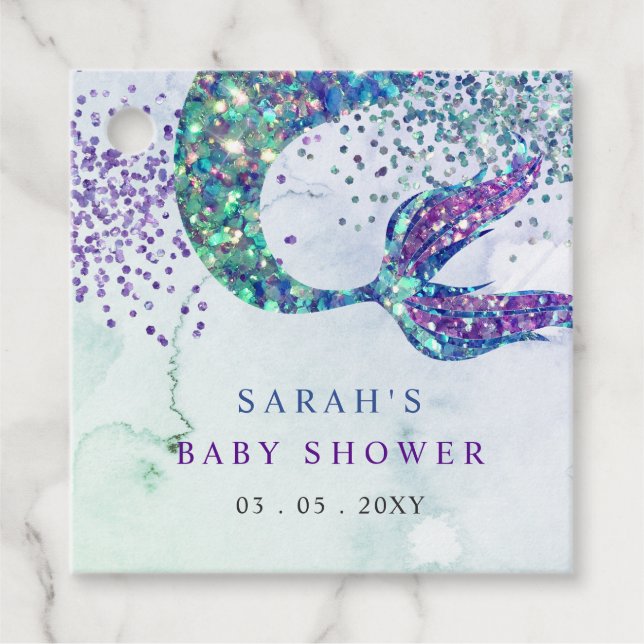 Lila Glitzer Mermaid Kinderdusche Geschenkanhänger (Vorderseite)