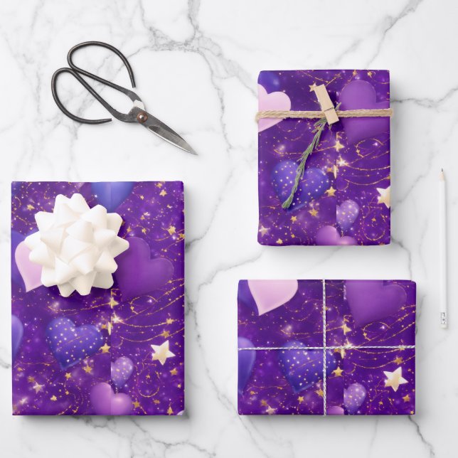 lila Glitzer mit Herzen und Sternen Geschenkpapier Set (Vorderseite)