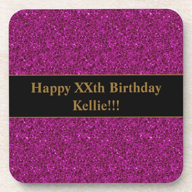 Lila Glitzer mit Meldung zum Geburtstag Getränkeuntersetzer (Vorderseite)