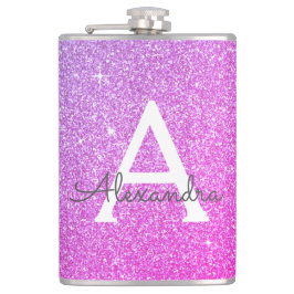 Lila Glitzer mit rosa und schwarzem Monogramm Flachmann
