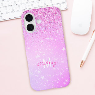 Lila Glitzer, Name und Monogramm des Skripts für d iPhone 16 Hülle