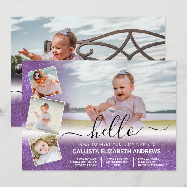 Lila Glitzer Ombre Birth Fotomaterial Collage Ankündigung (Vorne/Hinten)