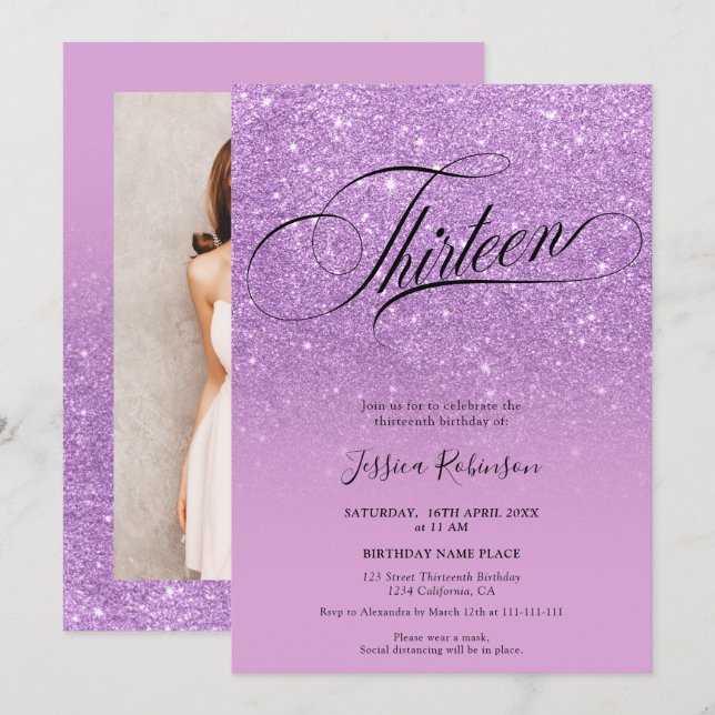 Lila Glitzer ombre Glitzern chic Drehbuch Dreizehn Einladung (Vorne/Hinten)
