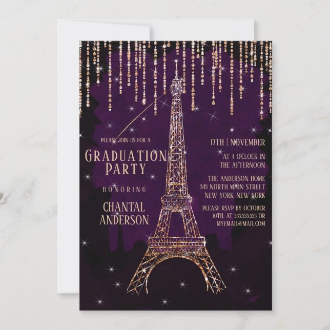 Lila Glitzer Paris Eiffel Tower Abschluss Einladung (Vorderseite)
