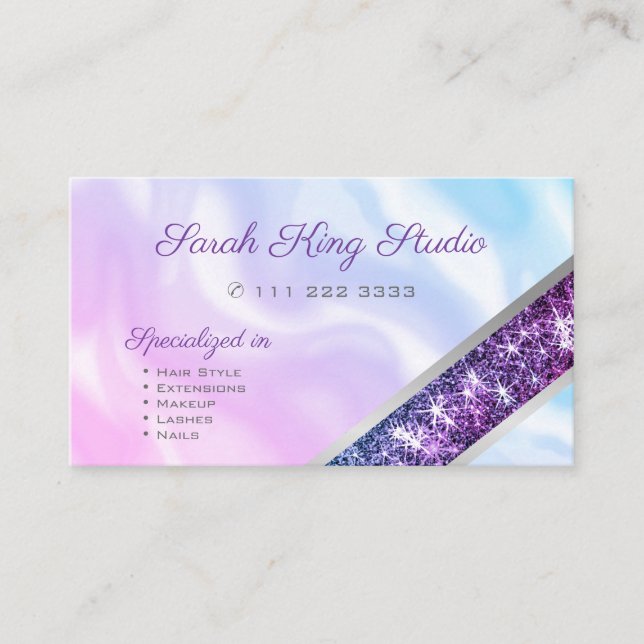 Lila Glitzer Pastel Pink Blue Ombre Wasserfarbe Visitenkarte (Vorderseite)