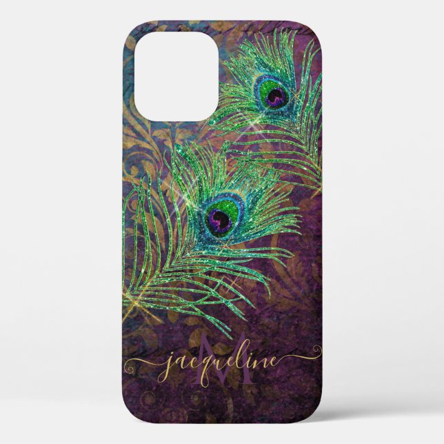 Lila Glitzer Pfauenfedern Elegantes Monogramm Case-Mate iPhone Hülle (Rückseite)