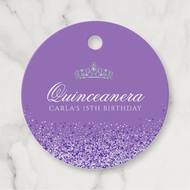 Lila Glitzer Quinceanera Geschenkanhänger (Vorderseite)