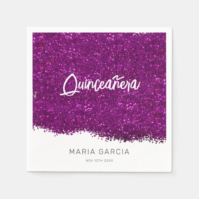 Lila Glitzer Quinceañera Individuelle Name Serviette (Vorderseite)
