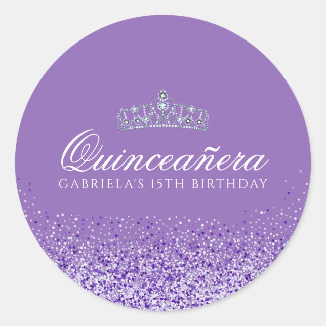 Lila Glitzer Quinceanera Runder Aufkleber (Vorderseite)