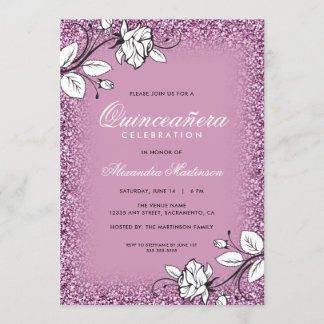 Lila Glitzer Quinceanera White Roses Einladung