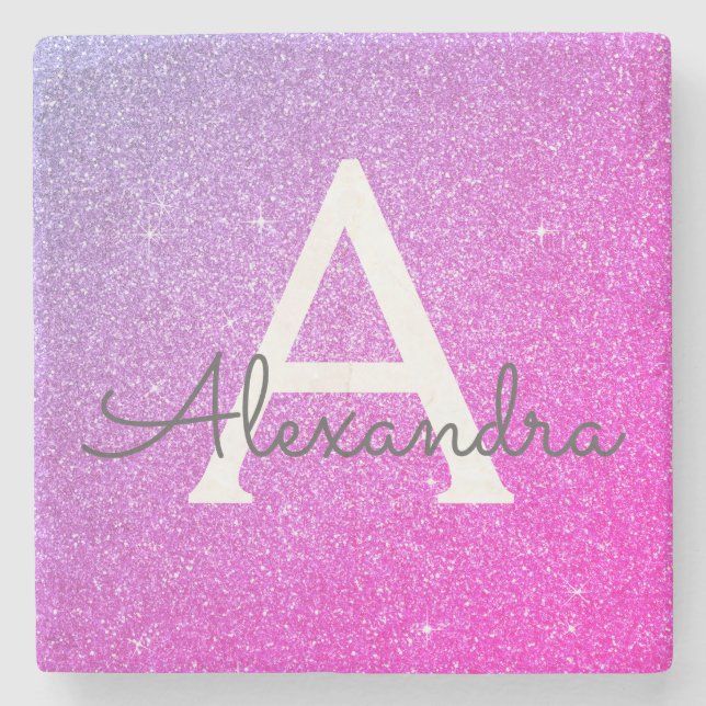 Lila Glitzer, rosa und dunkle Monogramm Steinuntersetzer (Vorderseite)