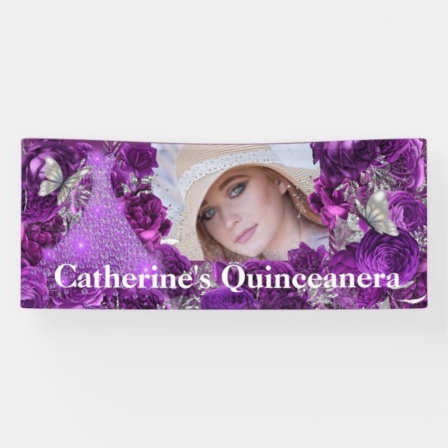 Lila Glitzer-Schmetterling Quinceanera Banner (Horizontal)