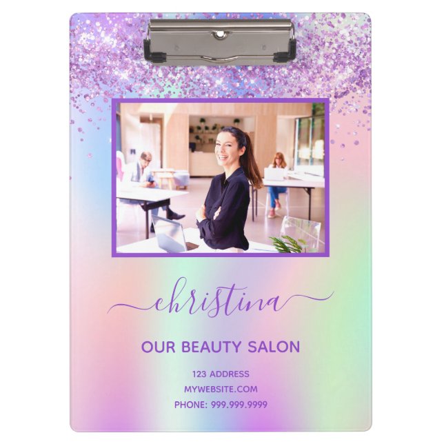 Lila Glitzer Schönheitssalon Foto Business Klemmbrett (Vorderseite)