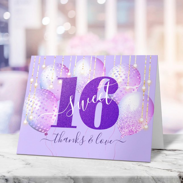 Lila Glitzer Sweet 16 Birthday Balloon Girly Dankeskarte (Von Creator hochgeladen)