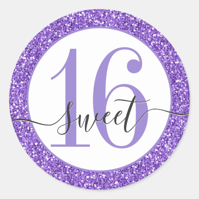 Lila Glitzer Sweet 16 Gefallen Sticker Siegel (Vorderseite)