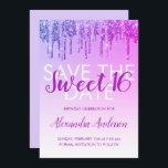Lila Glitzer Sweet 16 Save the Date Einladung<br><div class="desc">Moderne Lila und Hot Pink Sparkle und Driving Glitzer 16 . Geburtstag Save the Date Geburtstagsparty Einladung. Diese Einladung ist ideal für eine Sparkle und Glitzer Sweet 16 Geburtstagsparty,  die stilvoll feiern möchten.</div>