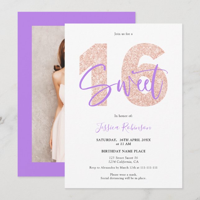Lila Glitzer Sweet 16-Script-Foto Geburtstag Einladung (Vorne/Hinten)