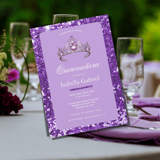 Lila Glitzer Tiara Crown Elegante Quinceañera Einladung