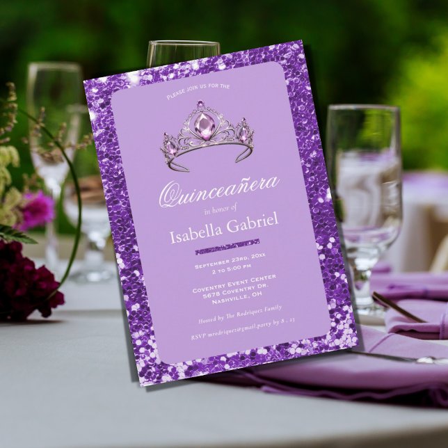 Lila Glitzer Tiara Crown Elegante Quinceañera Einladung (Von Creator hochgeladen)