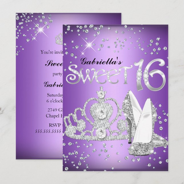 Lila Glitzer Tiara & Heelses Sweet 16 Einladung (Vorne/Hinten)