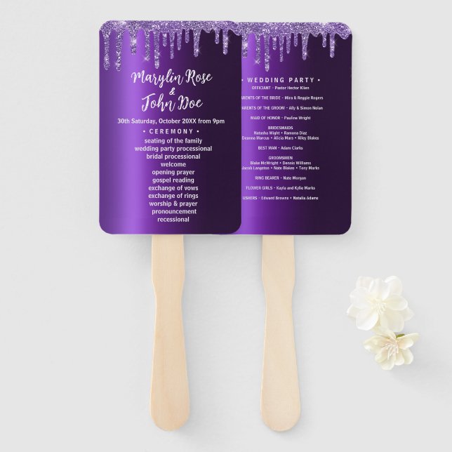 LILA GLITZER TROPFEN ELEGANT WEDD FÄCHER (Vorne und Hinten)