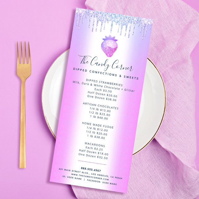 Lila Glitzer Tropfen Erdbeeren Süßigkeiten Dessert Werbekarte (Von Creator hochgeladen)