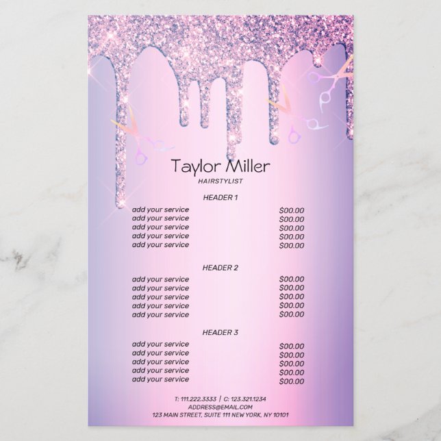 Lila Glitzer Tropfen holografische Schere Haare Flyer (Vorne)