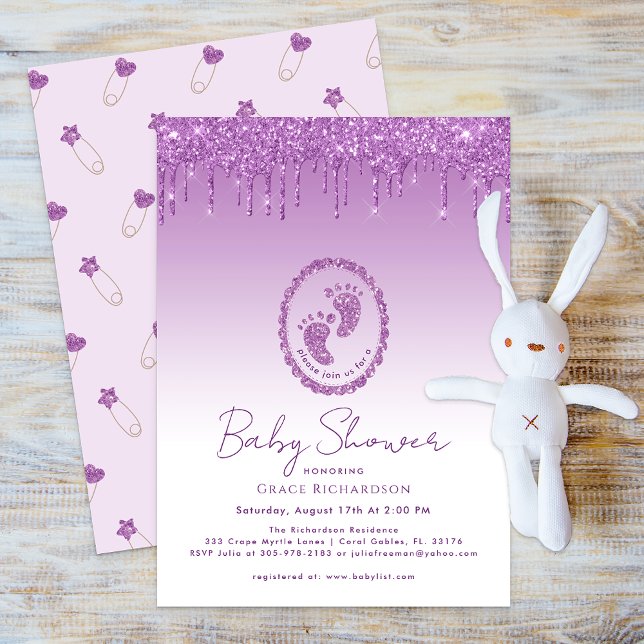 Lila Glitzer Tropfen Kinderdusche Einladung (Purple Glitter Baby Shower Invite)