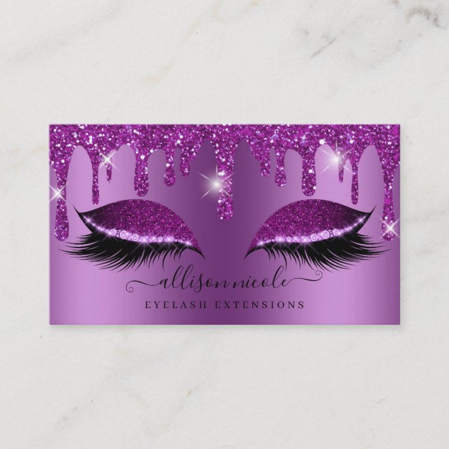 Lila Glitzer Tropfen Metallischer Foil Eyelash Visitenkarte (Vorderseite)