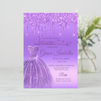 Lila Glitzer Tropfen Quinceanera Geburtstag Einladung